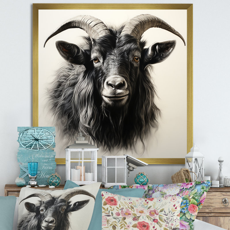 «Black Charcoal Goat Portrait III», art mural animal de chèvre, Cadre doré simple, H 36 po x l 36 po x P 1,5 po