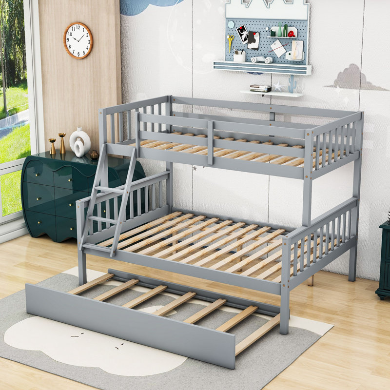 Twin Over Full Wooden Convertible Bunk Bed With Trundle And Ladder, Gray