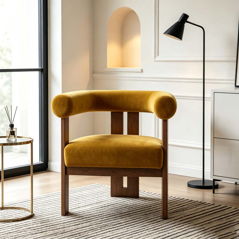 Chaise d'appoint moderne rembourrée avec accoudoirs ronds, Jaune moutarde