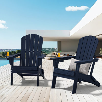 Ensemble de 2 chaises Adirondack pliantes, texture bois, porte-gobelet, PEHD toutes saisons