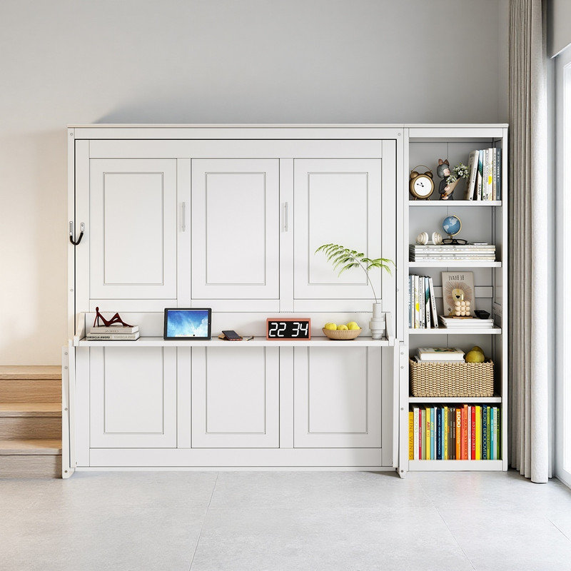 Queen Size Murphy Bed with Desk and Bookcase, Queen, White