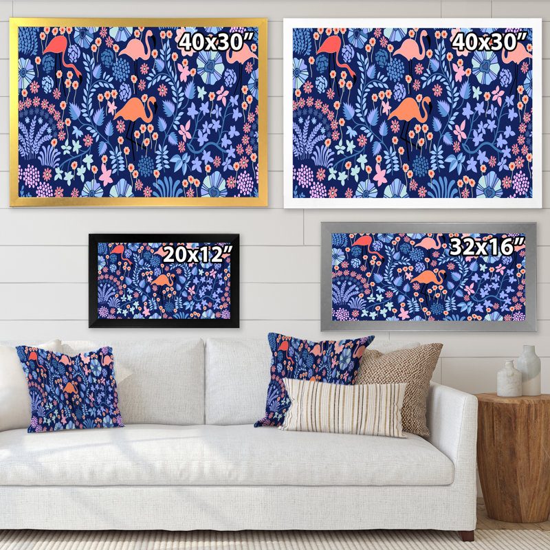 Plantes tropicales avec flamant rose en indigo - Peinture sur toile, H 30 po x l 40 po, Toile avec cadre de coin noir fermé