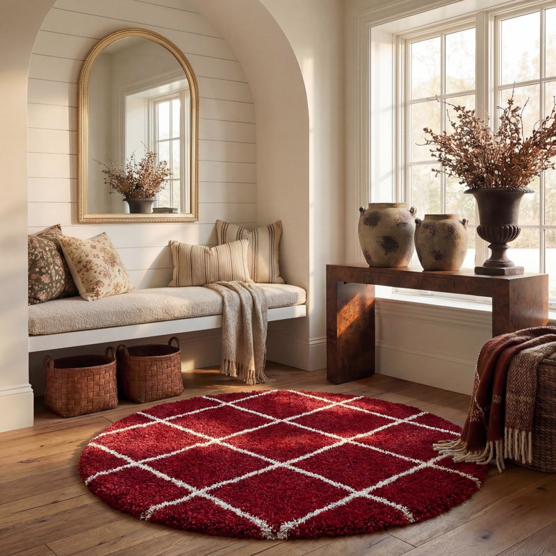 Humberto Hudson Shag Performance Geometric Rug, Round 7', Red/Ivory