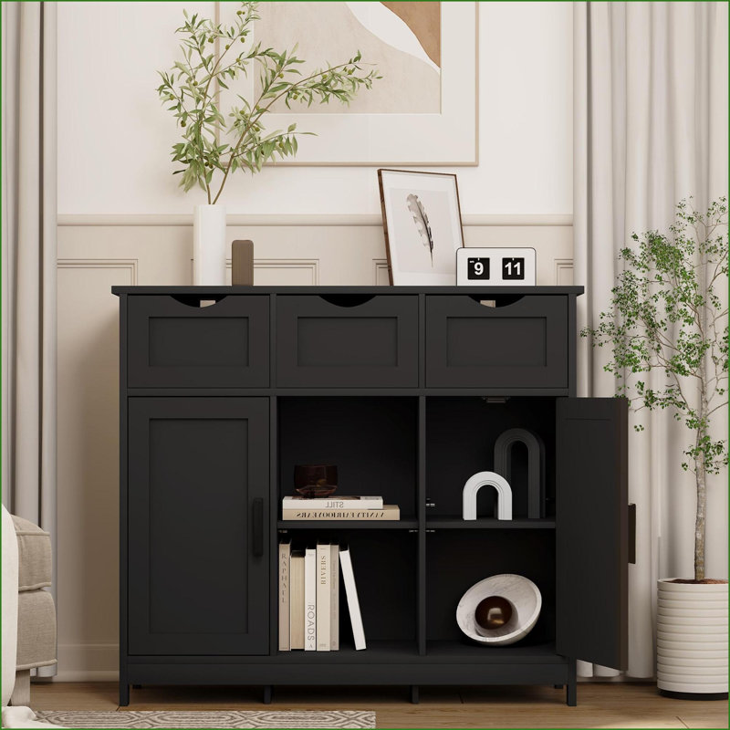 Cabinets with 3 Drawers, 2 Doors &amp; Adjustable Shelves | Traditional Storage Cabinet | Black | Living Room, Black