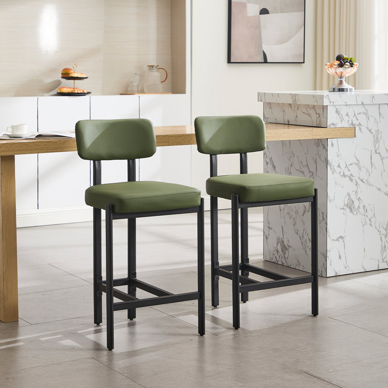 Modern Upholstered Counter Stool With Backrest, Beautiful Low Barstool For Kitchen Island, Bar And Counter, Green