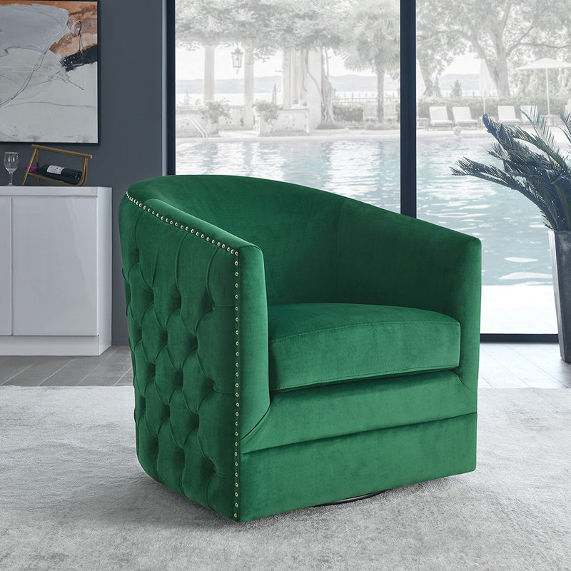 Fauteuil demi-tonneau pivotant en velours capitonné 31,5 po Dezia, Velours vert