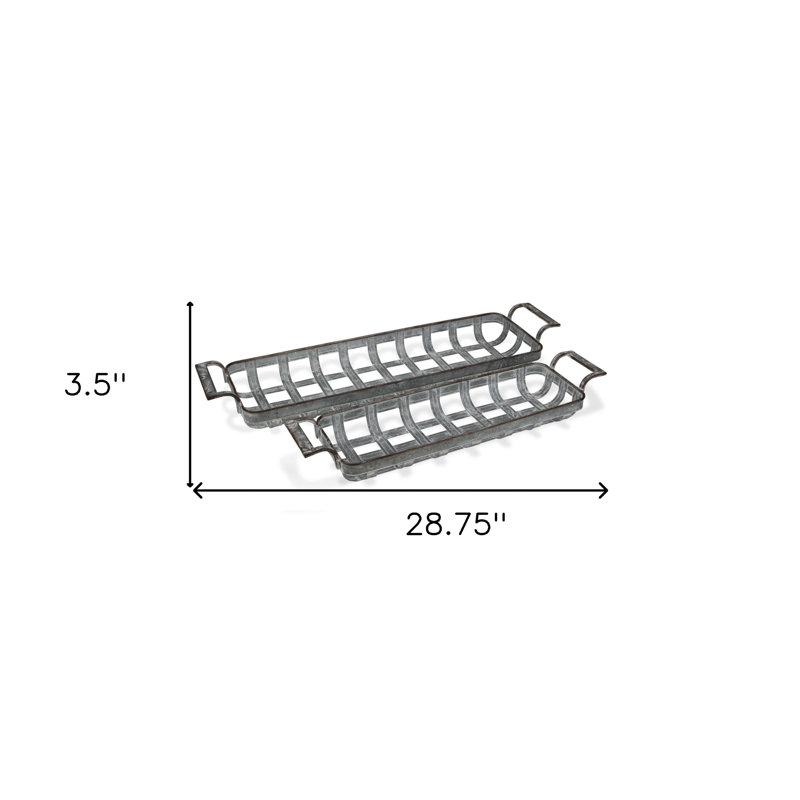 Ensemble de deux plateaux faits à la main en métal gris avec poignées, H 7,5 po x l 3,5 po x P 28,75 po
