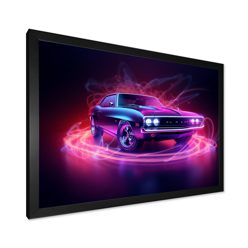 «Neon Light American Muscle Car I», reproduction sur toile, Cadre simple noir, H 34 po x l 44 po x P 1,5 po