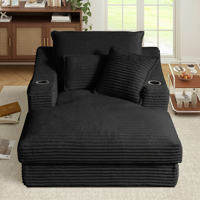 47.2" W Compression Corduroy Chaise Lounge, Deep Seat Sofa with Cup Holder and Storage Bag, No Assembly Required, Black