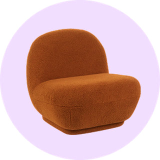 Brown boucle accent chair on lilac background