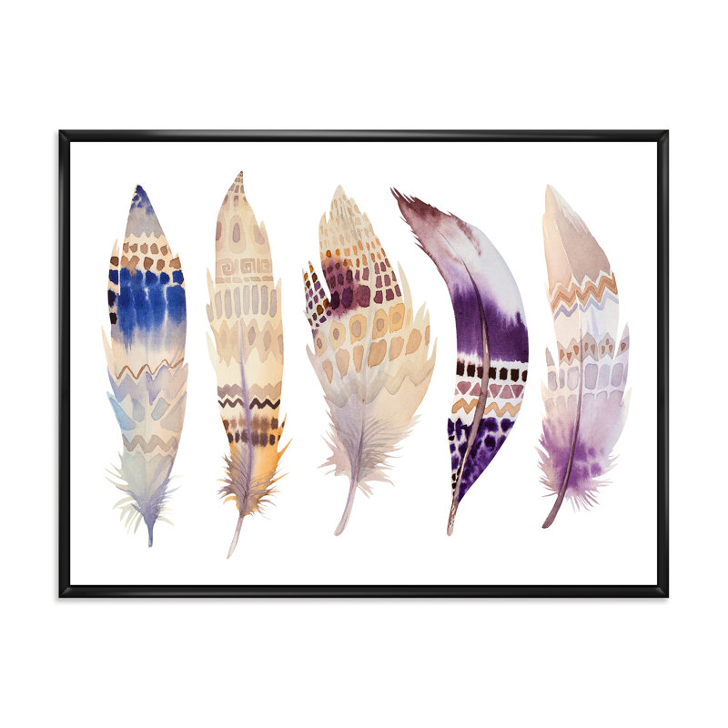 Plumes d'ethnie bohémienne mauve - peinture sur toile, Cadre noir, H 30 po x l 40 po x 1,5 po