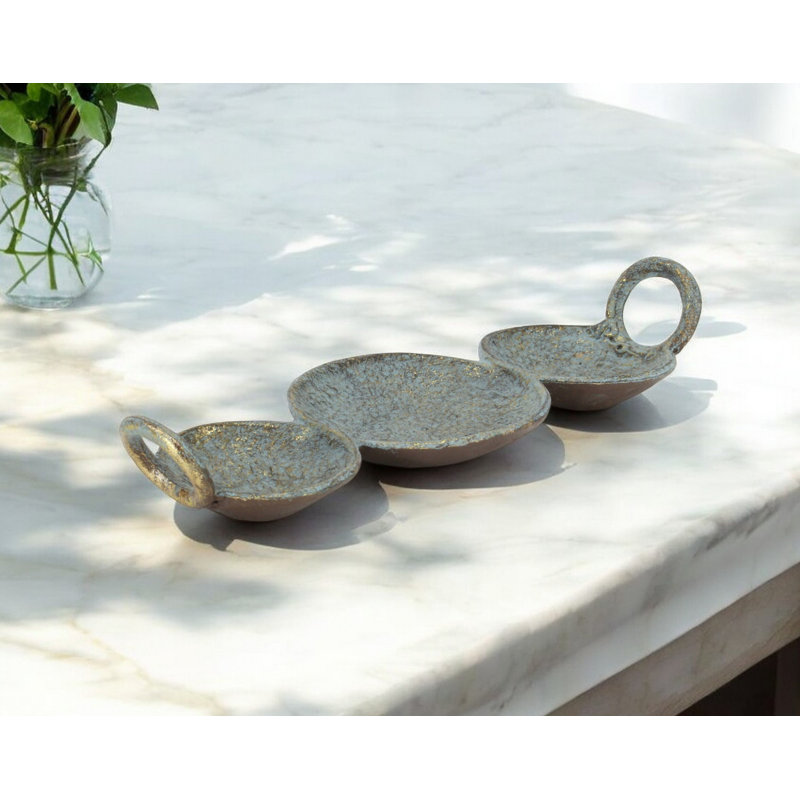 14" Blue and Gold Round Distressed Cast Iron Tri Circle Vanity Tray With Handles