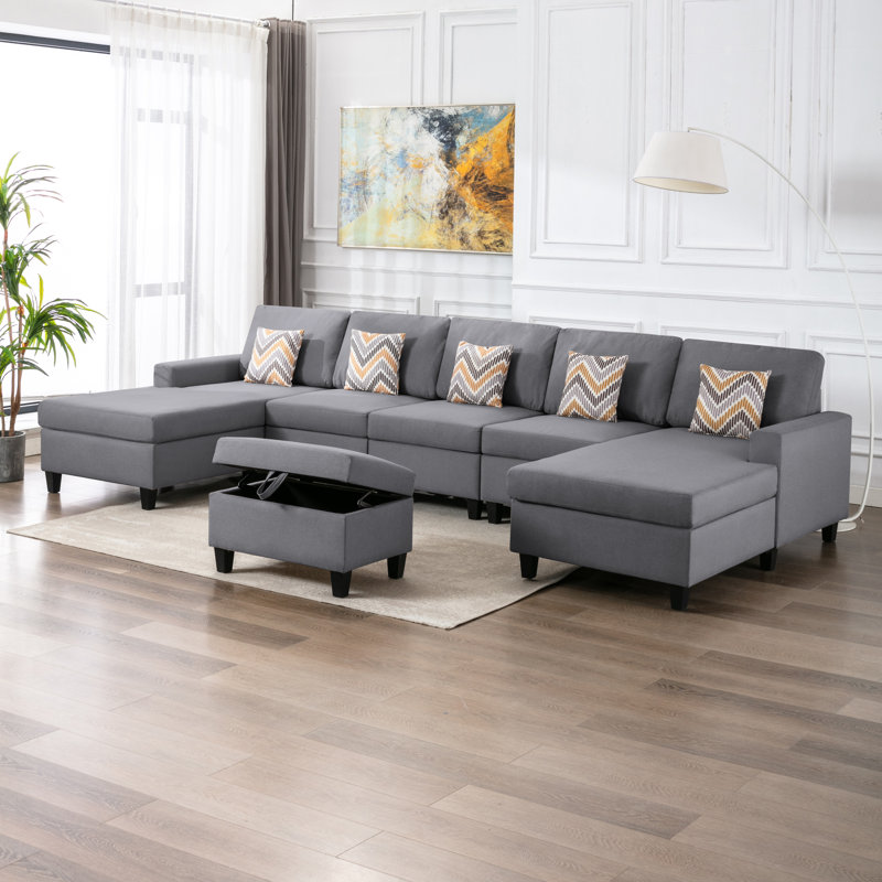 Upholstered U-Shaped Sectional Symmetrical, Gray Linen