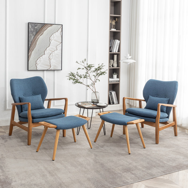 Koutsky Upholstered Accent Chair with Ottoman, Blue Linen Blend