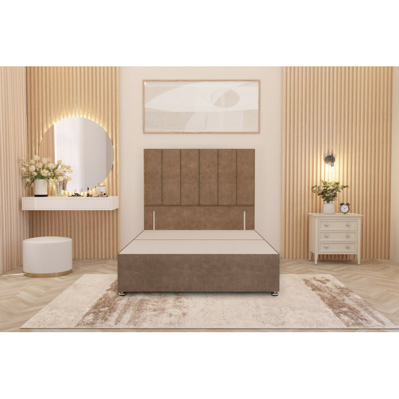 Asterin Divan Bed Base with 54" Floor Standing Headboard Plush Velvet, Beige, Single (3'), 2 Drawers