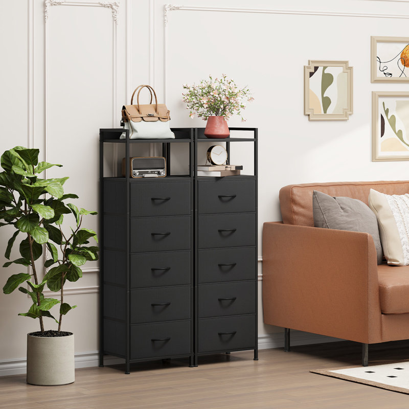  Table de chevet haute noire, 5 tiroirs verticaux en tissu pour chambre à coucher, salon, couloir, Noir