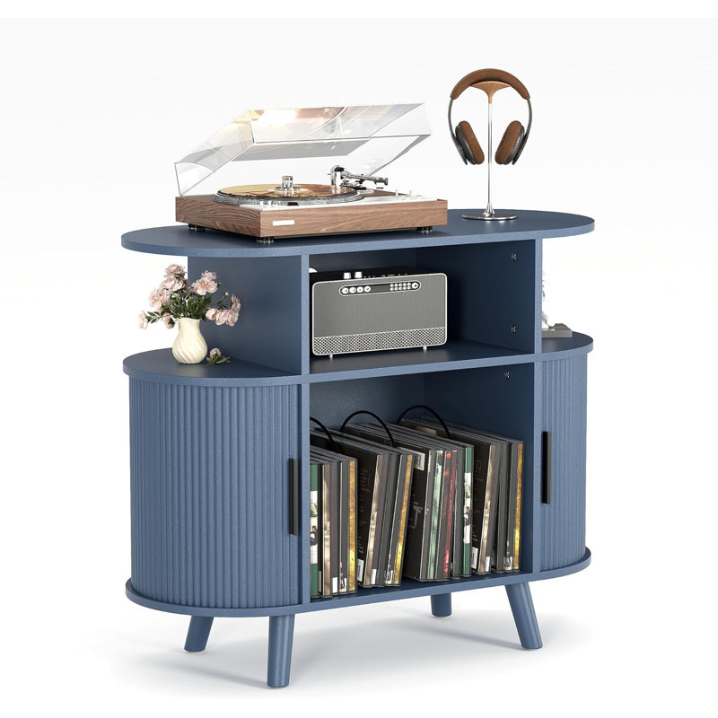 35" Mid Century Modern Turntable Cabinet, Round Wood Record Player Stand with Charging Station, Fluted Arched Storage Shelf for Living Room & Bedroom, Blue