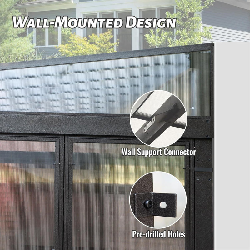 All Season Sunroom, Outdoor Permanent Wall Mounted Solarium With Detachable Polycarbonate Windows, Aluminum Lean To Gazebo Sun Room With 2 Lockable Sliding Doors For Garden Patio Deck