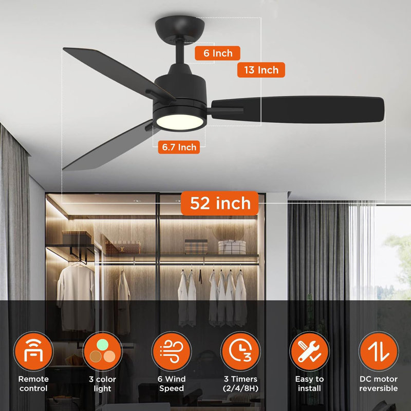 Ventilateur de plafond standard de 52 po avec lumières DEL Emidia - noir, Noir, 52"
