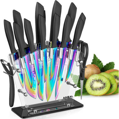 WELLSTAR Rainbow Knife Set 16 Pieces with 8 Knives and 8 Blade Guards,  Iridescent German Stainless Steel Kitchen Knives with Durable Sheath Cover