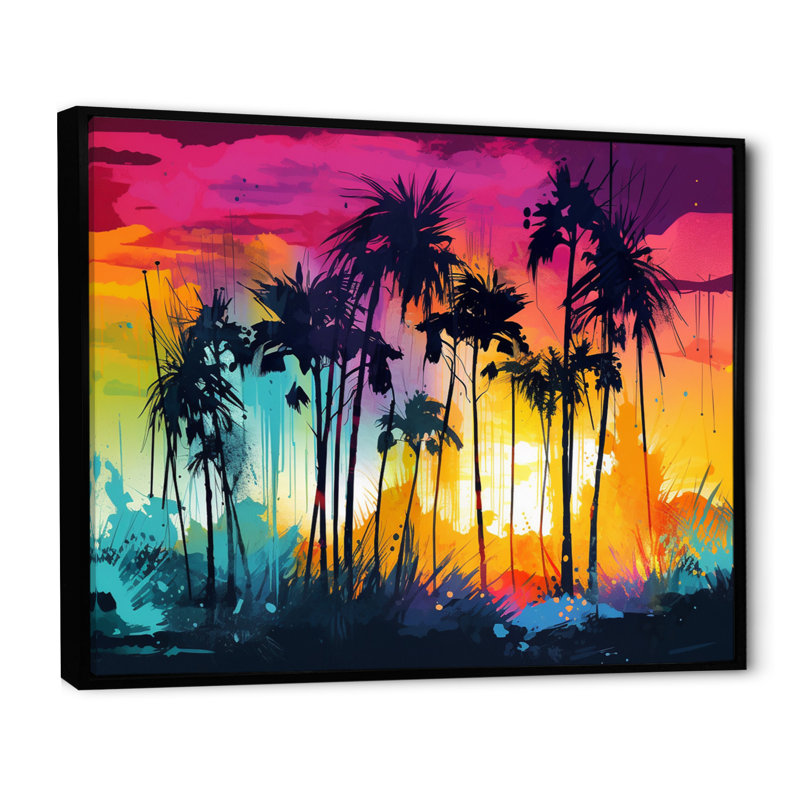 «Vibrant Palm Trees III - Modern Landscape Beach Wall Art Living Room», Cadre flottant noir, H 16 po x l 32 po x P 1 po