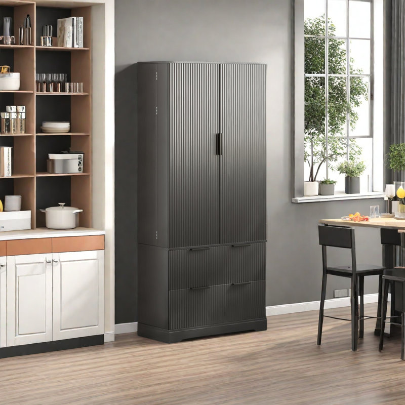 Grande armoire de rangement avec étagères à épices, tiroirs et tablettes - Armoire garde-manger polyvalente en panneau de fibres à densité moyenne pour cuisine, salle à manger ou salon