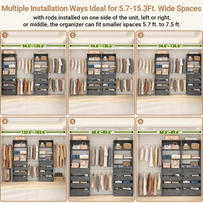 Walk-In 95.4”To 133.6” Closet System With 8 Wooden Drawers And 4 Hanging Rods