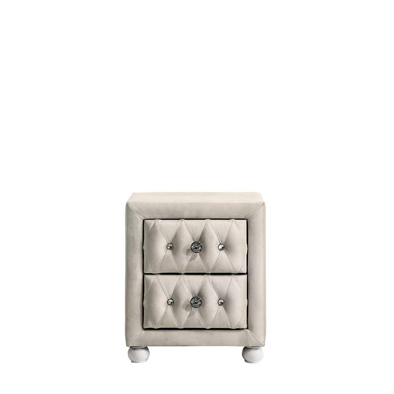 Beige Fabric Bedroom Nightstand, 2 Storage Drawers Made Of Wood And , Side Metal Glide Drawer With 3/4 Extension, Stop Included, 16.96In Product Dimensions, 80Lbs Capacity Nightstand In Color,