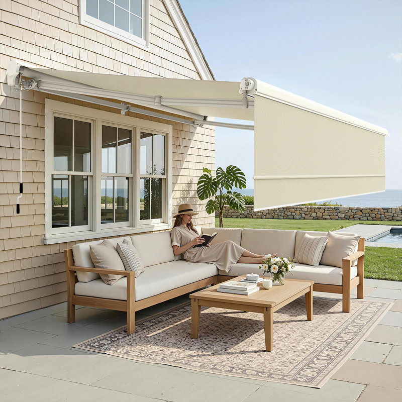 Retractable Patio Awning with Valance, Aluminum Frame, Polyester, Beige, 10' x 8'
