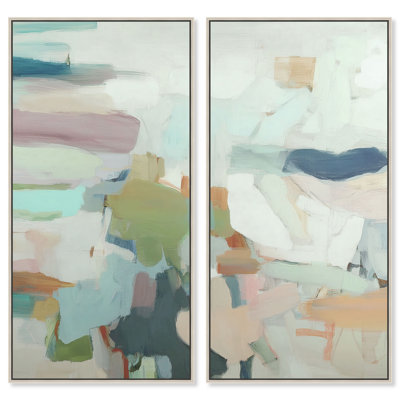 Ensemble de décoration murale Pastel Architecture I, toile encadrée, couleur sauge, par Art Remedy, cadre argenté, 24 x 48 pouces