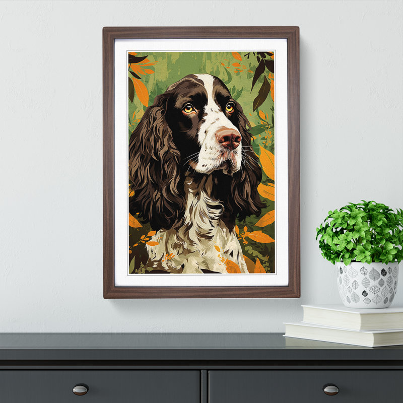 English Springer Spaniel Art Deco - Single Picture Frame Print on Wood, Walnut, 34cm H x 25cm W x 2cm D