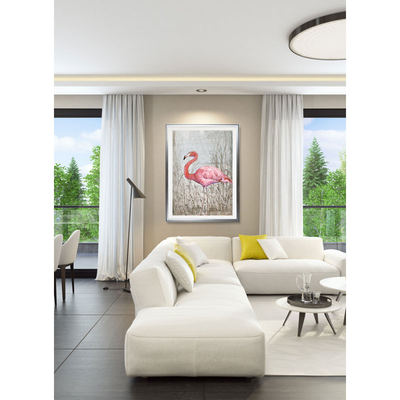 « american flamant rose ii », reproduction, H 30 po x l 22 po x P 1,5 po, Cadre argenté