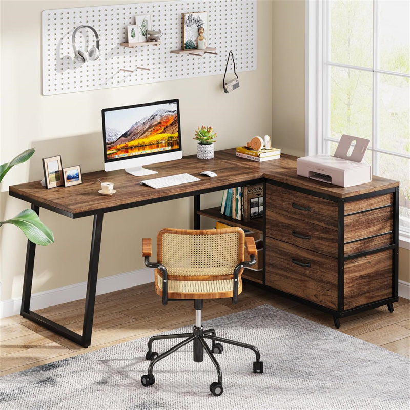 Bureau d'ordinateur en L réversible de 53 po avec 3 tiroirs et tablettes de rangement (sans la chaise)