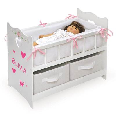 Doll Crib with Bedding, Two Baskets, and Free Personalization Kit - White Rose