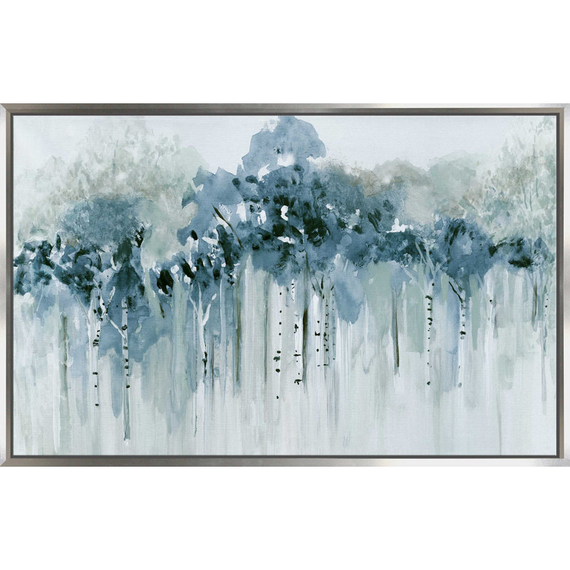 «Blue Birch Morning» par - Peinture, Cadre flottant argent, H 31,5 po x l 51,5 po x P 2 po