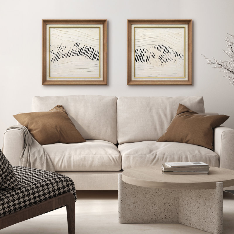 Crème neutre, vague organique, ligne contemporaine, encadrée, œuvre d'art de la chambre principale, 2 pièces