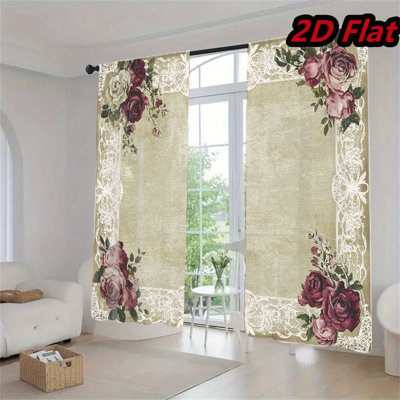 2Pcs Vintage Rose Floral Window Curtains Elegant Victorian Style Panels With Lace Border Home Decor Drapes For Bedroom Living Room Kitchen Dining Rod Pocket Design Burgundy Flower Pattern Office Partition