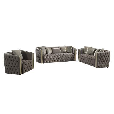 Ensemble de salon capitonné en velours Doruk (3 pièces)