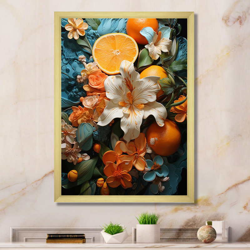 Orange orange, tropical, enchevêtrement I - Collages abstraits, art mural, salon, Encadrement doré