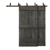 Panelled Wood Stained Mid-Bar Series Bypass Double DIY Barn Door with Sliding Hardware Kit