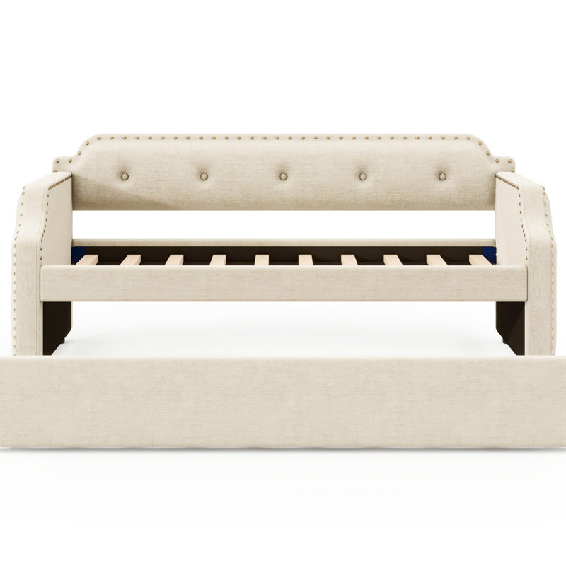 Lit de jour simple rembourré beige avec lit gigogne et rangement, Beige