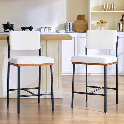 Linen Fabric Bar Stools Set of 2,26 Inch Modern Counter Height Bar Stools for Kitchen Island,Counter Stools with Wide Back Sturdy Metal Legs,White