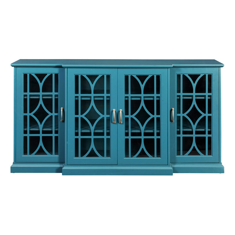 Ambriehl 63'' Buffet Storage Cabinet, TV Stand Up to 70" Console Table with 4 Glass Door and Carved Design