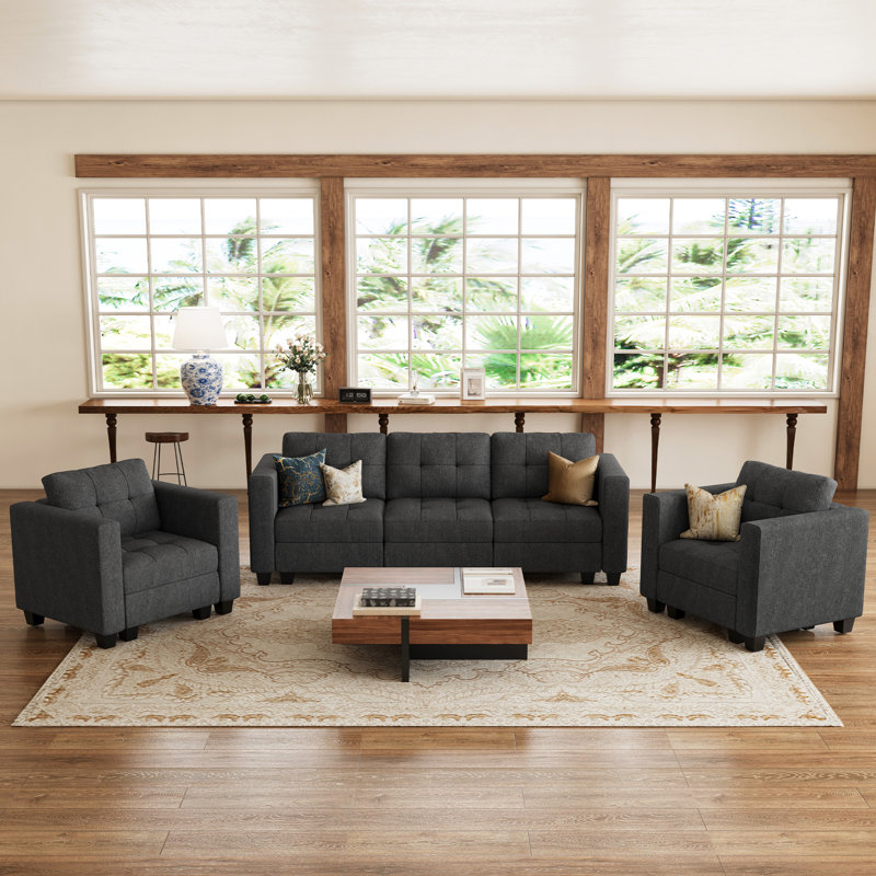 Ayden Hunsicker 3-Pieces Linen Tufted Sofa Storage Seat Sofa Set Modular Sectional Couch Set For Apartment Livingroom Lounge, 2 Single Armchairs & 3-Seat Sofa Set