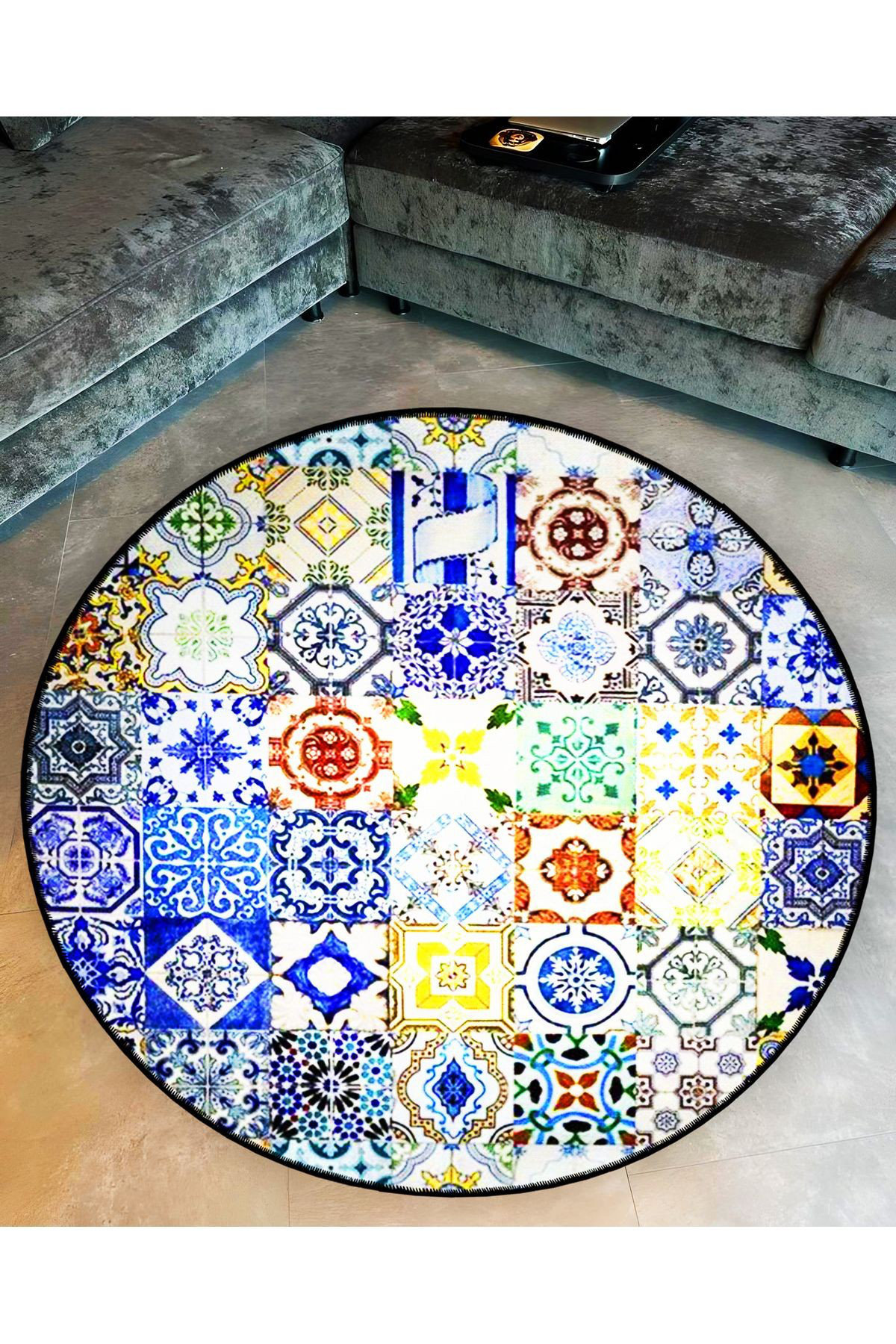 Hokku Designs Round Blue Tones Tile Patterns Woven Base Decorative ...