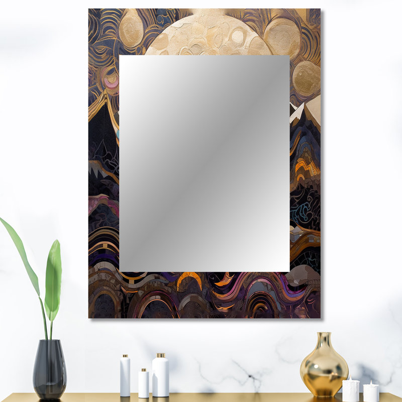 Golden Rising Moon II - Landscape Mirror, Traditional Decorative Wall Mirror, Printed Metal Art, 40" x 30"