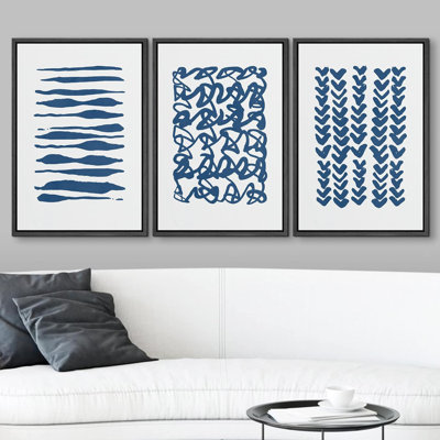 Geometric Line Blue Brush Stroke Line Art Collage Abstract Patterns Modern Art Mid-Century Modern On Canvas 3 Pieces Print