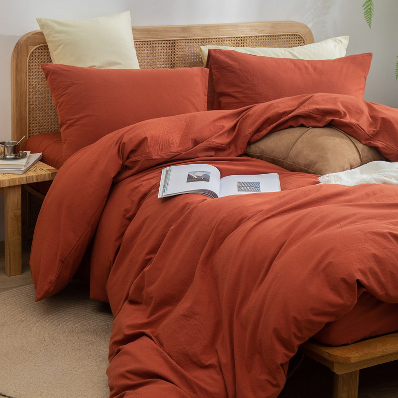 BESTOUCH Duvet Cover Set 100% Washed Cotton Linen Feel Lightweight, King Duvet Cover + 2 King Pillowcases, Burnt Brick Red
