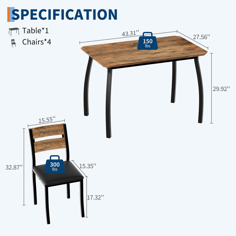 Ensemble de table de salle à manger pour 4 personnes Retro Modern