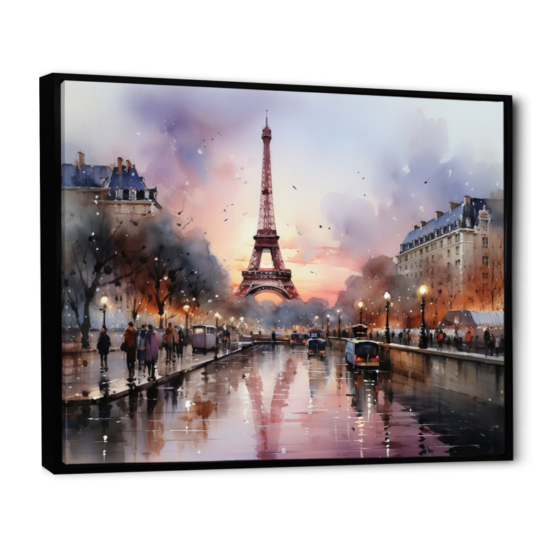 «Pink Twilight Rendezvous In Paris III» - Art mural, parcs d'attractions, H 34 po x l 44 po x P 1,5 po, Cadre flottant noir